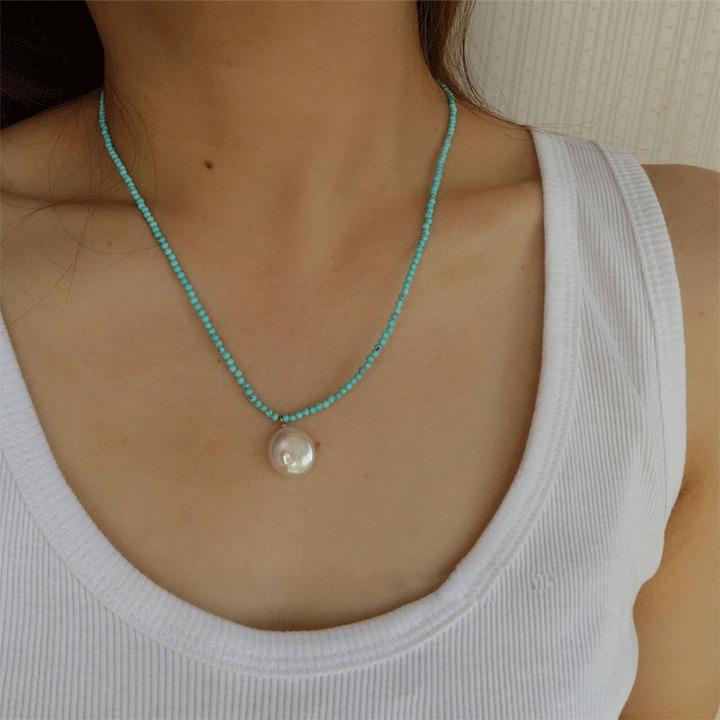 100% Natural Baroque Freshwater Pearl & Turquoise Stone Female Beads Chain Necklace  For Women New Year Gifts