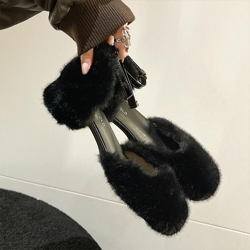 Fashion Luxury Manmade Mink Fur Sandals Woman Elegant White Furry Ankle Strap Pumps Ladies Evening Party High Heel Plush Dress Shoes