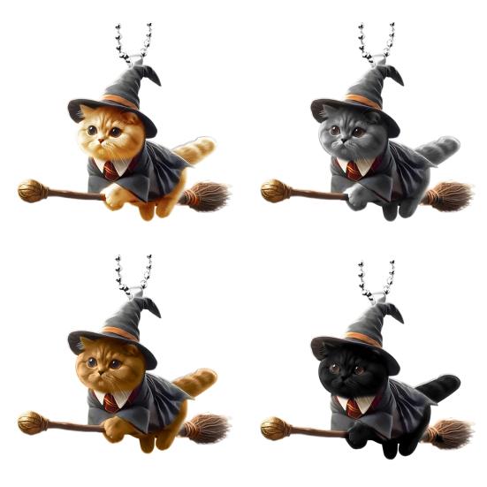 Cat Car Rearview Mirror Charm 2D Flat Acrylic Pendant Eye-Catching Christmas Tree Hanging Ornament Car Interior Decor for Home Window Bag