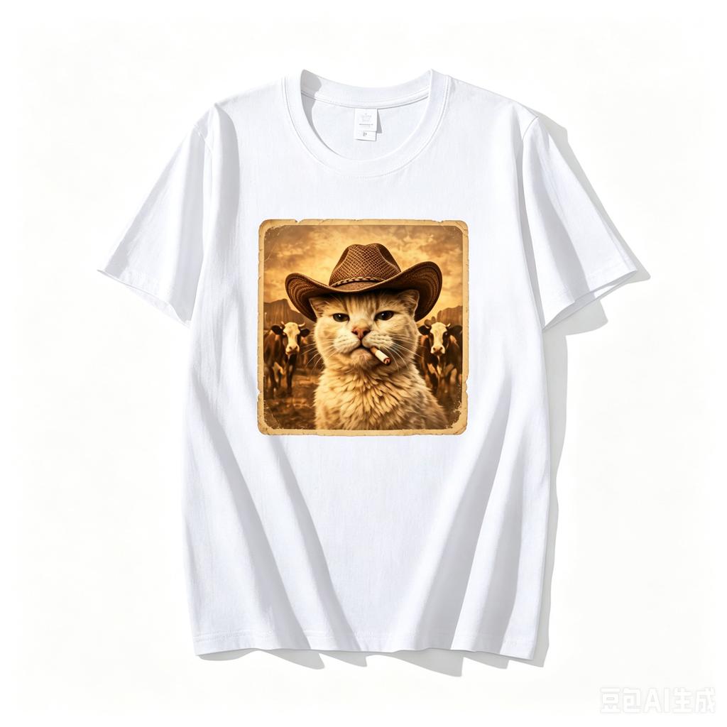 Funny Cowboy Cat Meme T Shirt Unisex Western Graphic Tee Weird Cat Lover Tshirts Retro Meme T Shirts Casual Round Neck Printed Tops