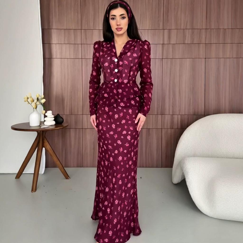 Cross-border European Beautiful Woman Floral V-neck Lace-up Waist Ruffle Edge Long-sleeved Top A Word Casual Skirt Set