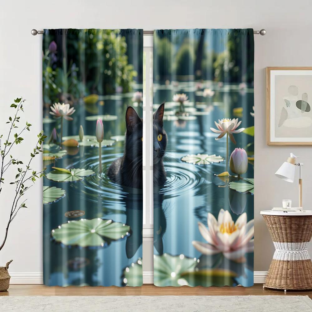 

Filtering Curtains Excluding Rods Non Movable Without Batteries Black Cat Pond Use Bedrooms Living Rooms Set Of 2 Made Polyester Sitting Room Decor W100*H70(CM)-Grommet top&1PCS