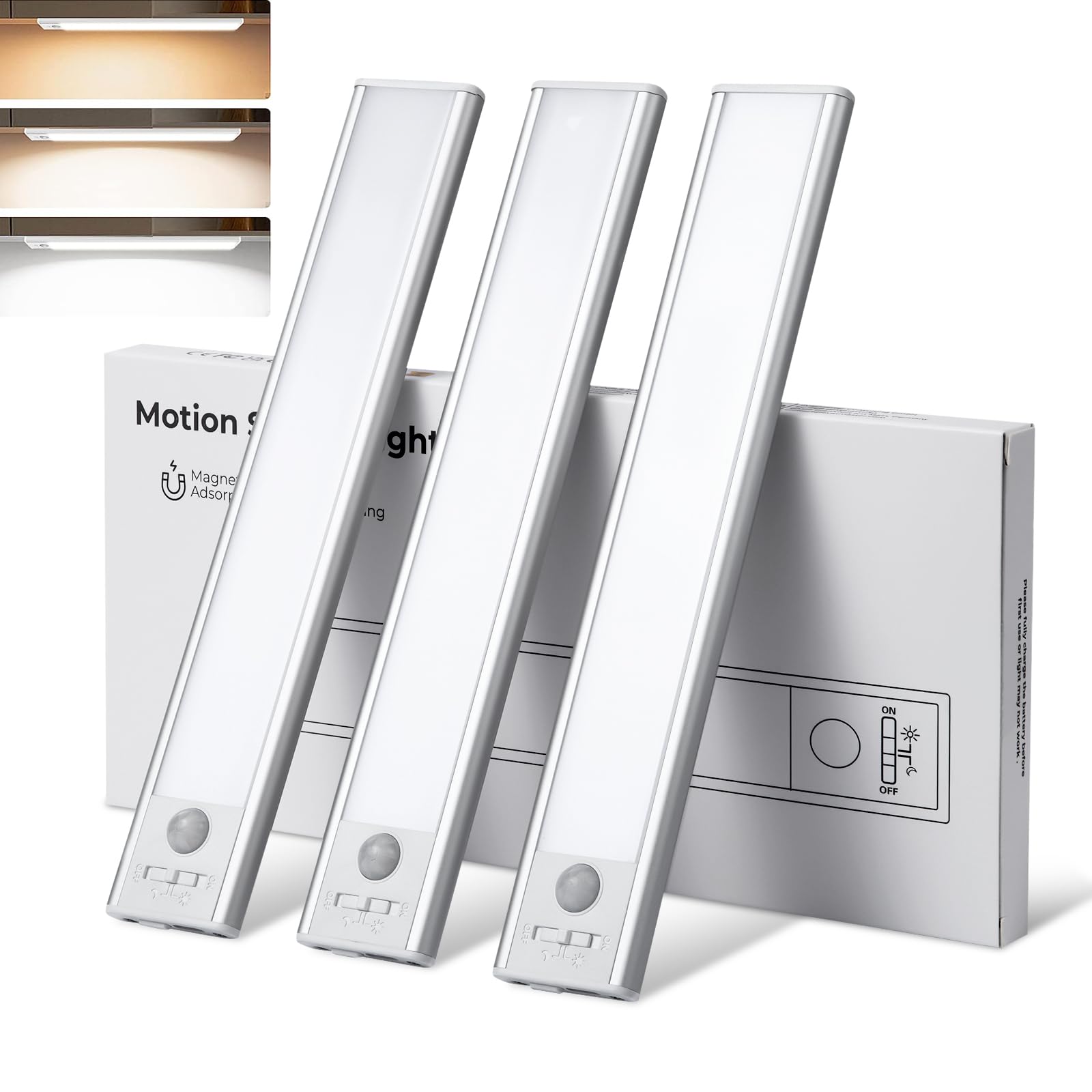 

[Pack of 3] 24cm LED Sensor Light, 3 Color Adjustable, Motion Sensor Light for Indoor Use, 1500mAH Type C Rechargeable, Ultra-Thin Design, Bar Light,