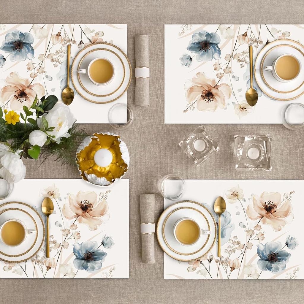 Bonhause Watercolor Floral Placemats Set of 4, 12x18 Inch Blue Brown Flower Leaves Kitchen Dining Table Mats Washable Place Mats for Indoor Outdoor