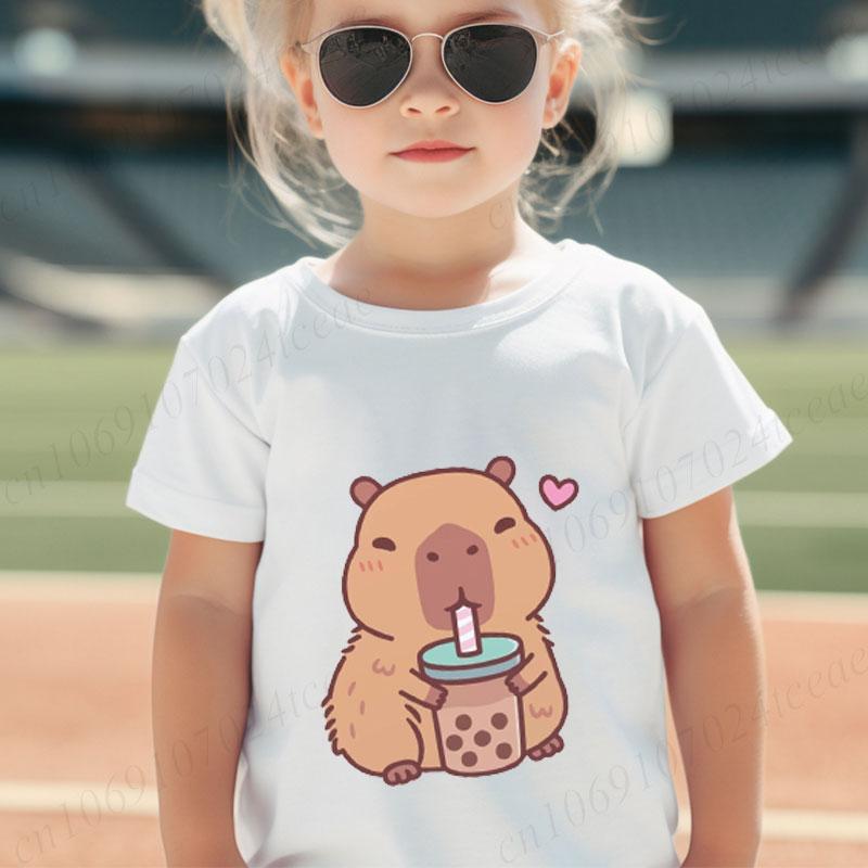 Cute Capybara Loves Bubble Tea Print Women Kids T-Shirt Summer Children's Short-sleeved Casual Pink Tops Adults Boys Girls Gifts