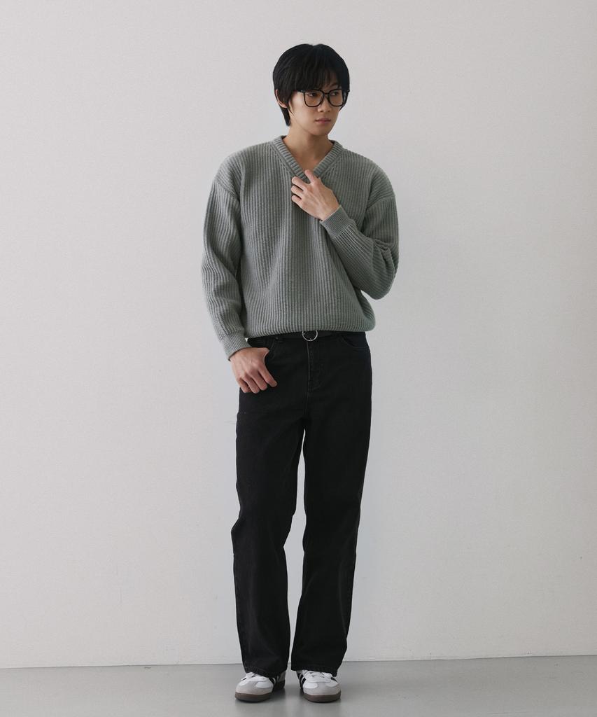 NODU V-Neck Waffle Essential Knit [Gray]