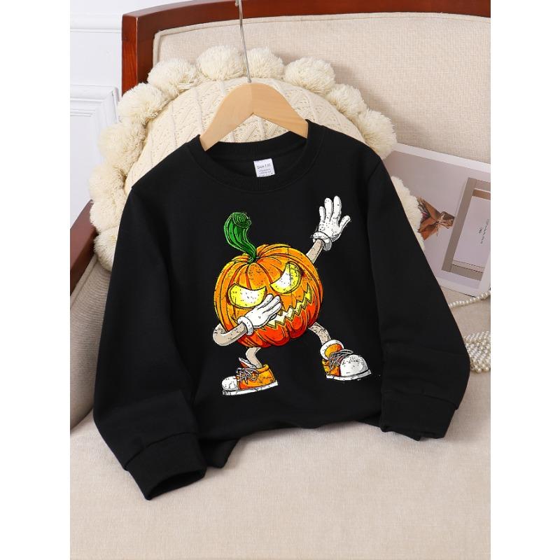 European sizes Pumpkin Character Girls' Crew Neck Sweatshirt, Halloween, Autumn Winter, Western Style, Long-Sleeved, Casual Colors for Young Girls.