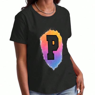 Letter P Wounisex's Cotton T Shirt, Premium Cotton Graphic, Durable, Casual Fashion, Initial P With Colorful Abstract Splash, Alphabet P Artistic Desi