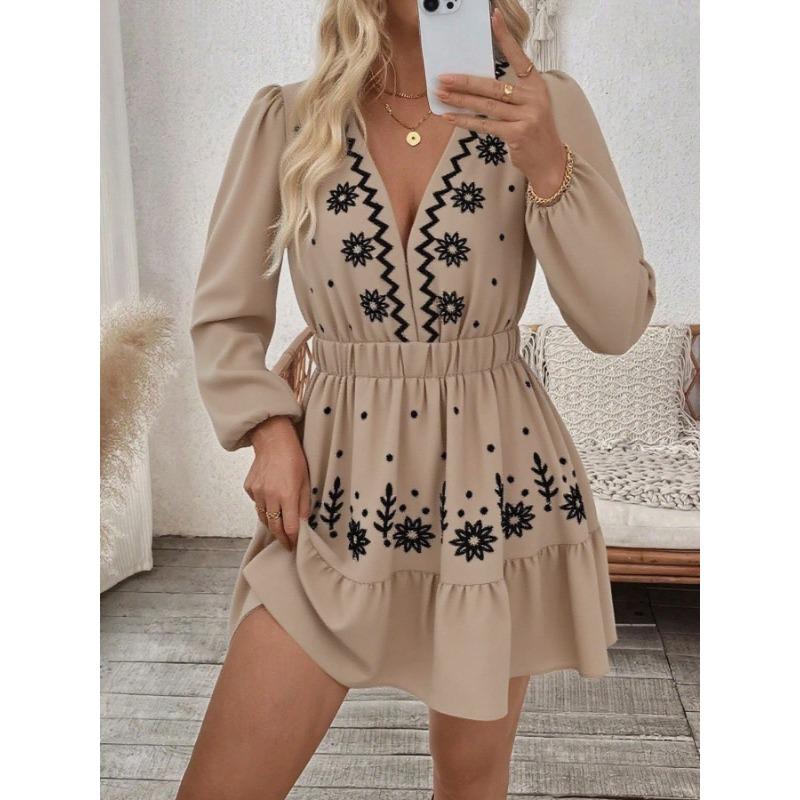 Women Embroidered Long Sleeve Mini Dress V Neck Elastic Waist Boho Style