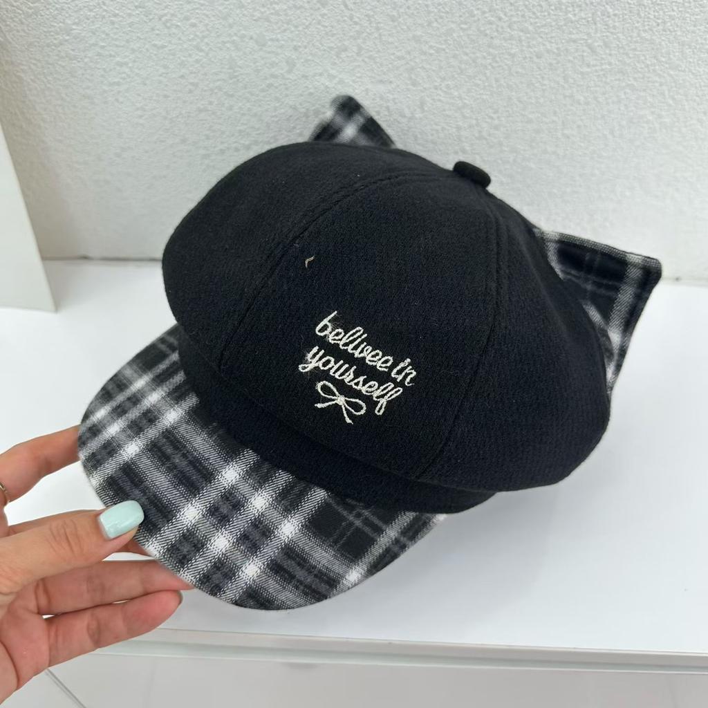 Cute Cat Ear Embroidery Hat Women's Wide Brim Small Octagonal Hat Fashion Versatile Painter Hat Duck Tongue Beret