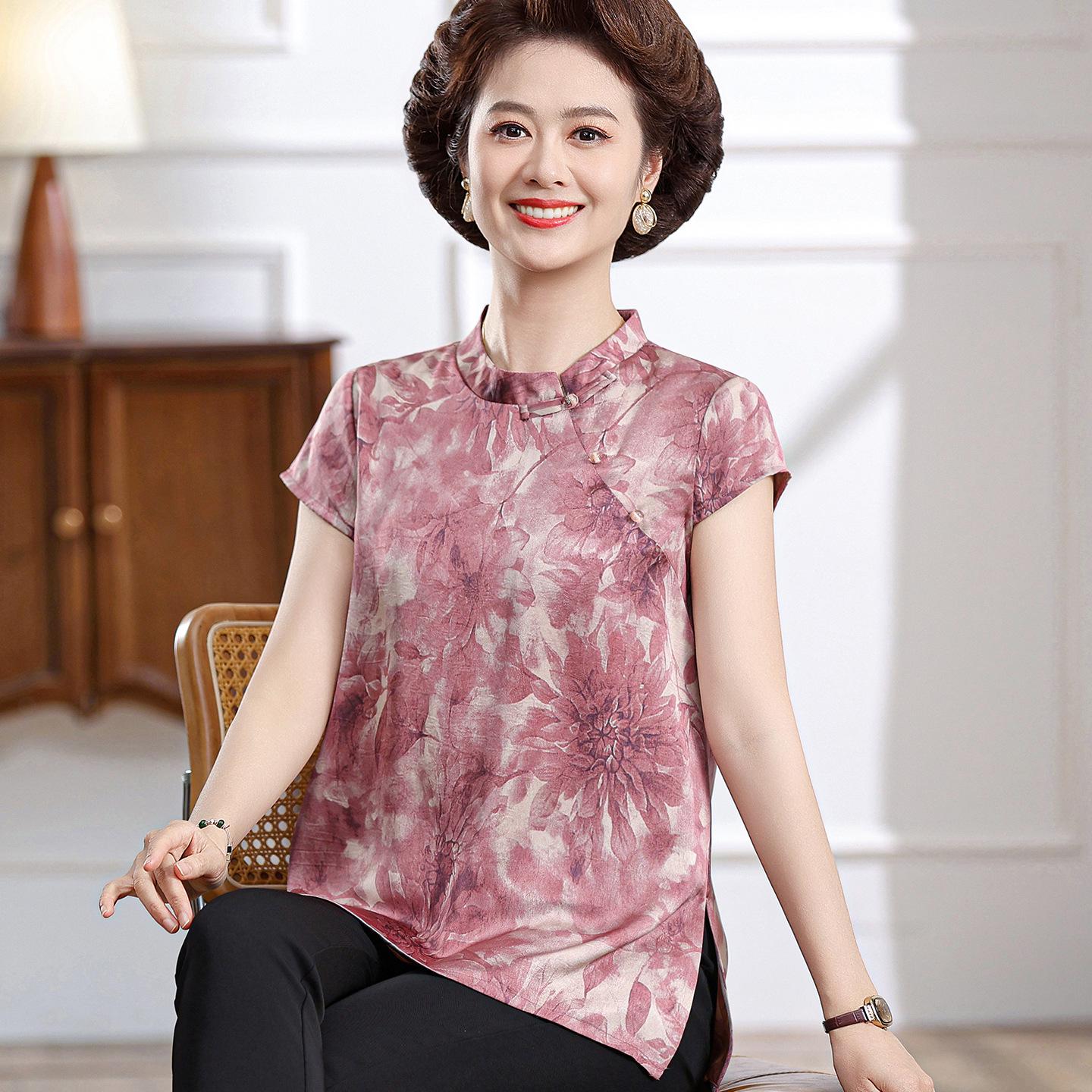 

Silk Stand Collar Short Sleeve Women s Top - Stylish Slimming Summer Shirt L (recommended 80-100 jin) червоний