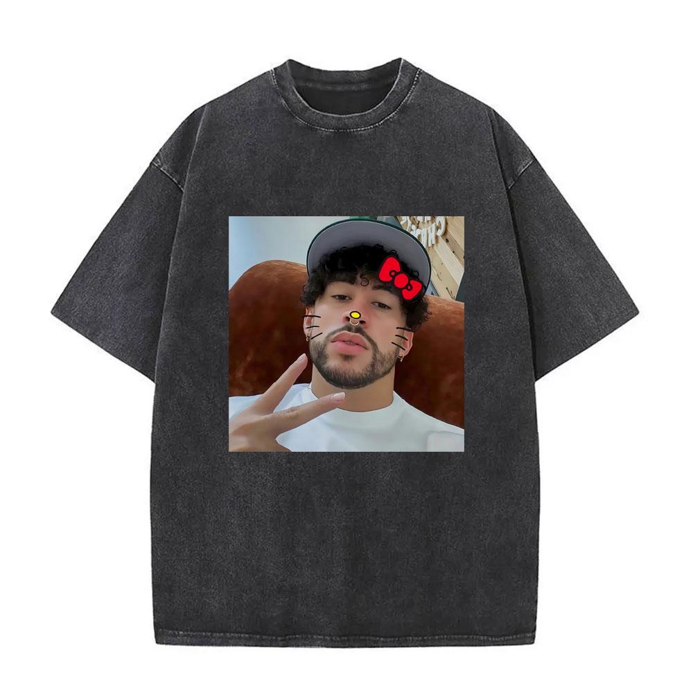 

Washed Vintage Rapper Bad Bunny Cat Funny Graphic Tshirt Mens Women Clothing Fashion Hip Hop T Shirt Male Oversized Streetwear S
