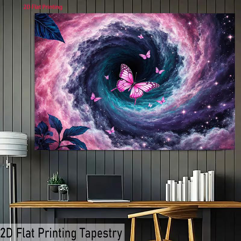 

2D Cosmic Butterfly Tapestry, Purple Swirl Galaxy with Pink Butterflies Wall Art 47.2x31.5inch/120*80cm