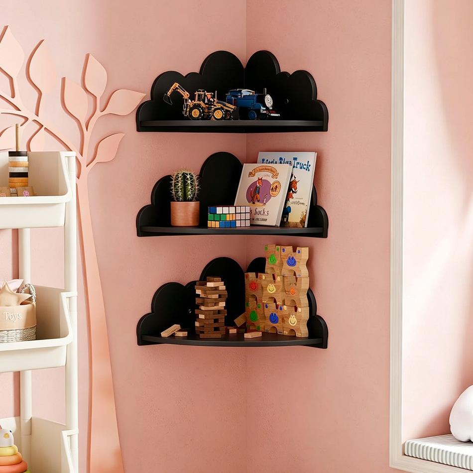 3PCS Cute Cloud Corner Wall Shelf White Floating Display Storage Rack For Kids Bedroom Decor Management Organizer