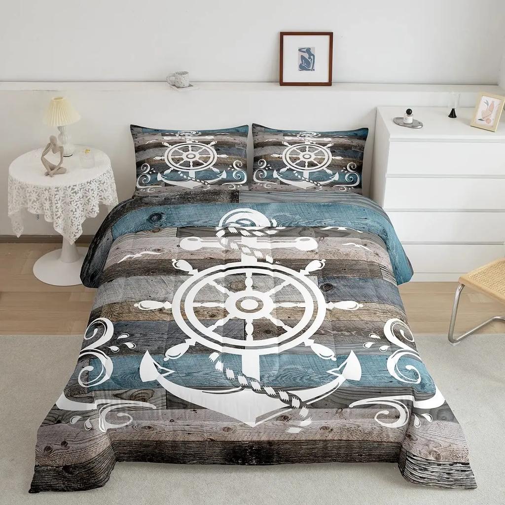 Nautical Anchor Pattern Duvet Cover Set King,Geometric Stripes Ocean Adventure Theme Quilt Navy Blue and Red Bedding Set 3pcs