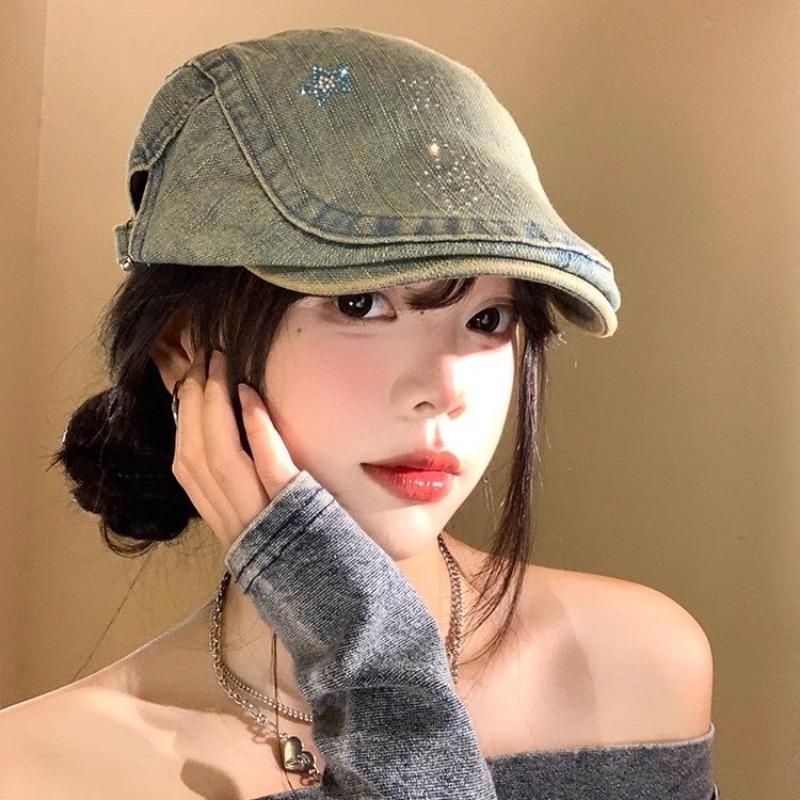 25 Early autumn new pentagram rhinestone denim forward hat big head circumference showing face small beret