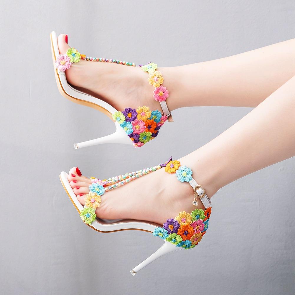 9cm High Heel Sandals Bridesmaid Wedding One-liner Straps National Style Colorful Lace Roman Sandals for Women