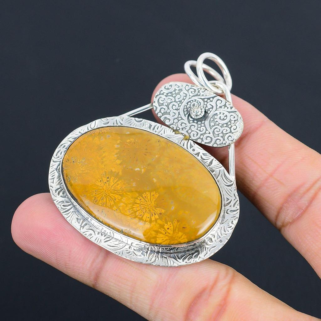 Oval Fossil Coral Stone Sister Elegant Handcrafted Pendant 925 Sterling Silver