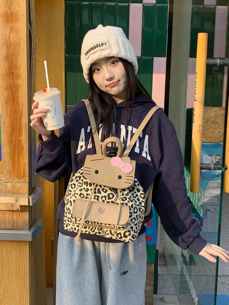 Hello Kitty Small Backpack With Leopard Pattern Pu Material For Daily Casual Use