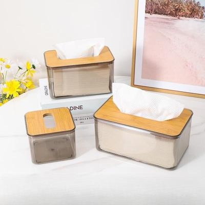 Bamboo Cover Transparent Tissue Box for Living Room Coffee Table, Dustproof Storage Solution