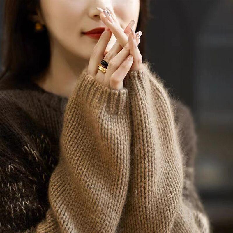 Women's High-End Gradient Color Loose Crew Neck Knit Top Autumn Winter Retro Sweater Inner Wear Base Layer