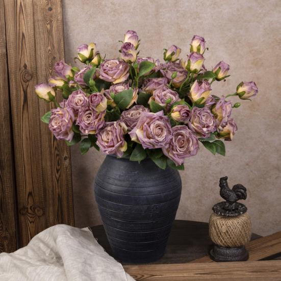 Artificial Flowers 3-Headed French Rose Realistic False Flowers Indoor Outdoor Decoration Wedding Garden Event Photography Props