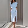 Cross-border Europe, America and  Amazon Fashion Apricot Round Neck Waist Split Button Summer Dress Women