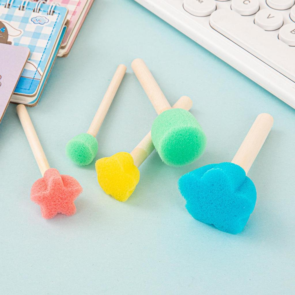 Kids' Flower-Shaped Sponge Stamps & Natural Wood Brushes Set for DIY Art