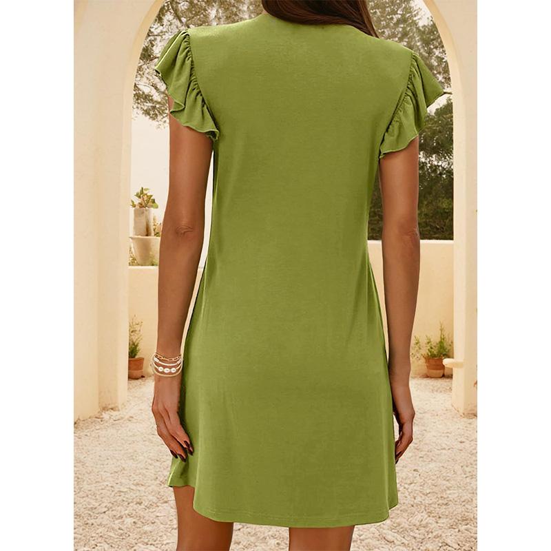 Women's Deep V-Neck Smocked Tank Dress Ruffle Sleeve Loose Fit Beach Vacation Summer