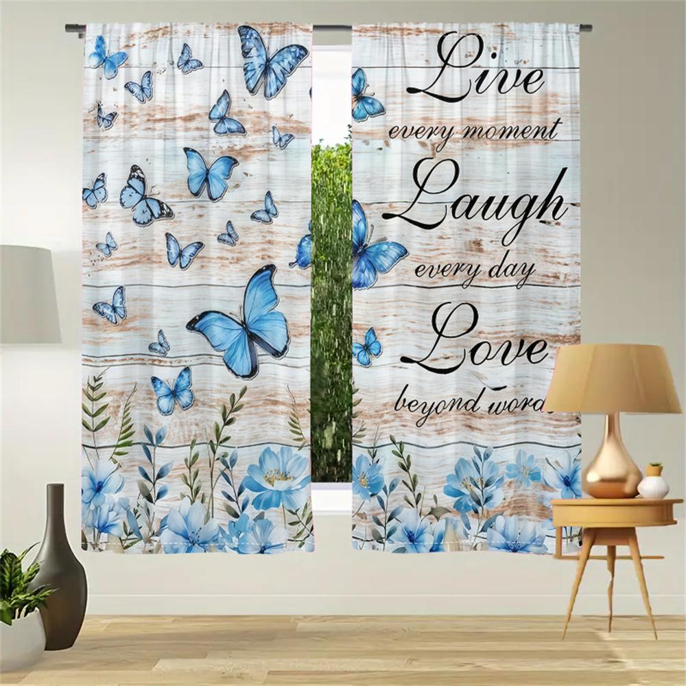2Pcs Blue Flower Butterfly Curtains Motivational Text Pattern Living Room Bedroom Kids Room Sunshade Country Style Decor Curtain