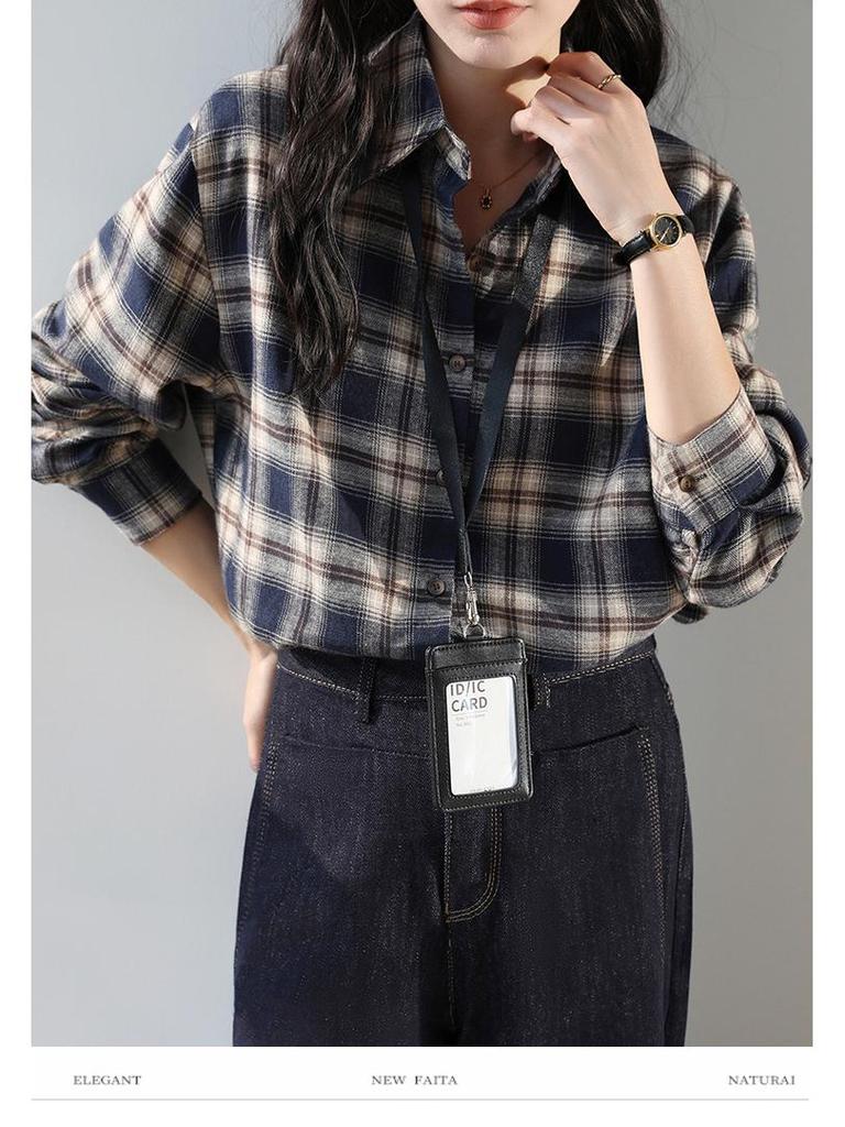 Women's Dark Blue Retro Plaid Shirt Jacket - Autumn/Winter 2025 New Korean Style Long Sleeve Top