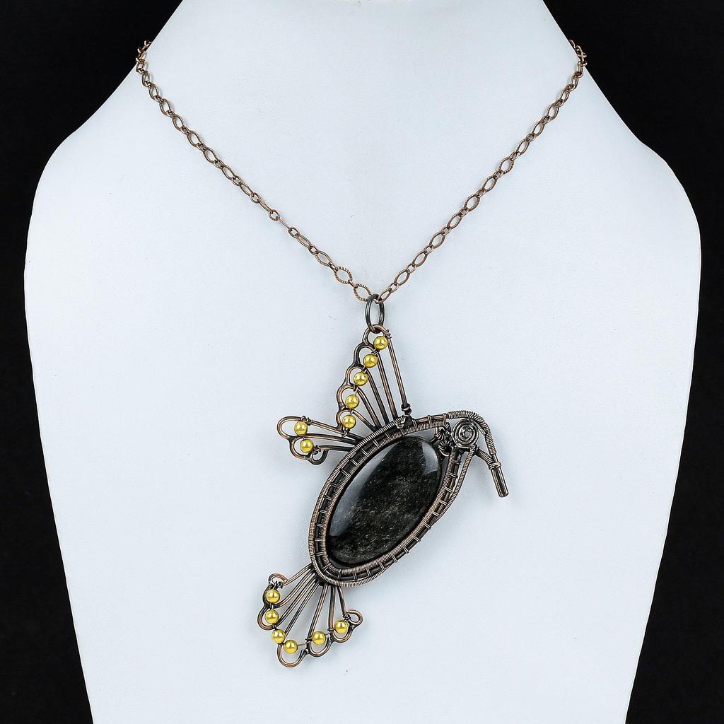 Silver Sheen Obsidian Pendant Copper Wire Wrapped Pendant Handmade Real Gemstone Pendant Bird Pendant Copper Wire Wrap Jewelry Gift For Him