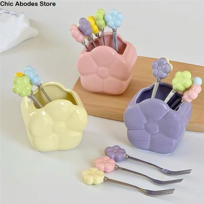 Multi-functional Ceramic Fruit Forks Receipt Jar Cartoon with Storage Can Flower Fruit Fork Set Creative Home Decoration