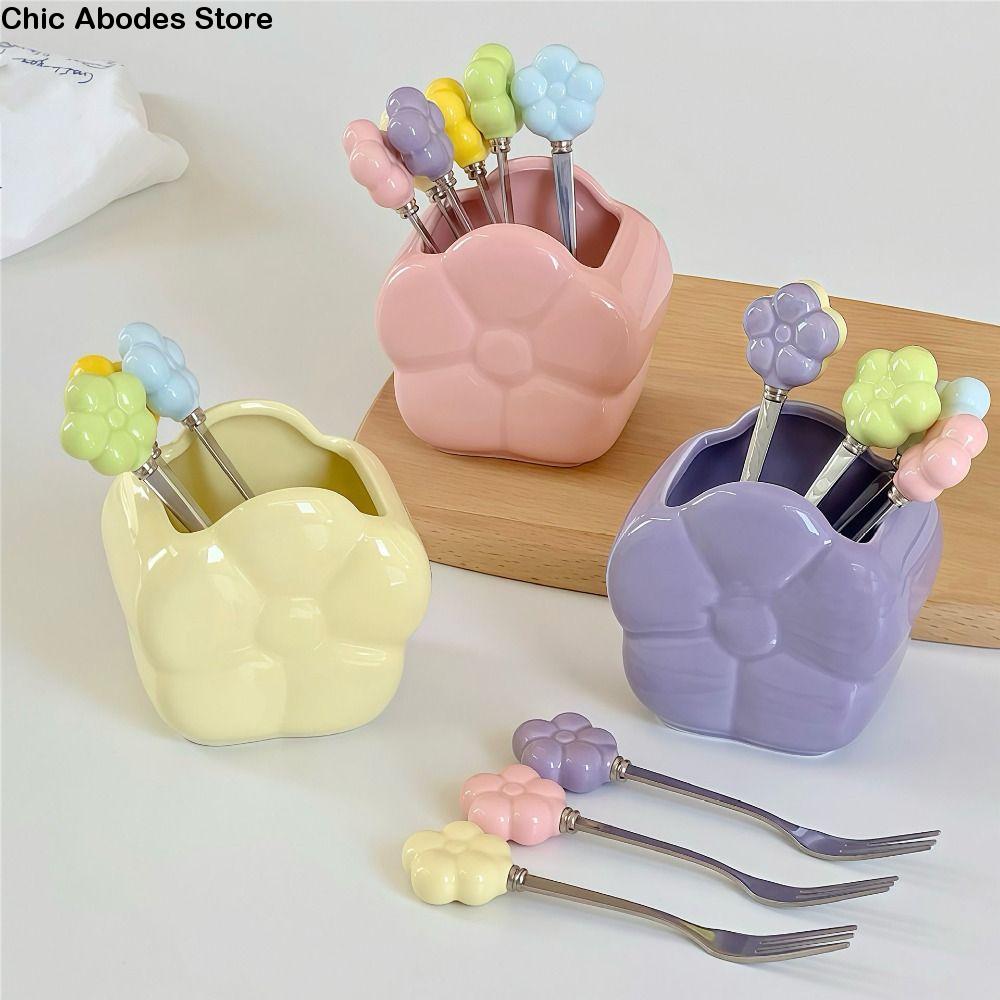 Multi-functional Ceramic Fruit Forks Receipt Jar Cartoon with Storage Can Flower Fruit Fork Set Creative Home Decoration