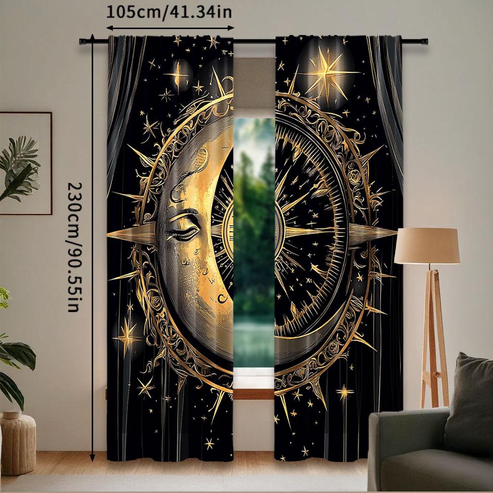 2Pcs Sun Moon Windows Curtains Retro Bohemian Antique Hippie Gold Sun Crescent And Star Curtains For Living Room Bedroom A