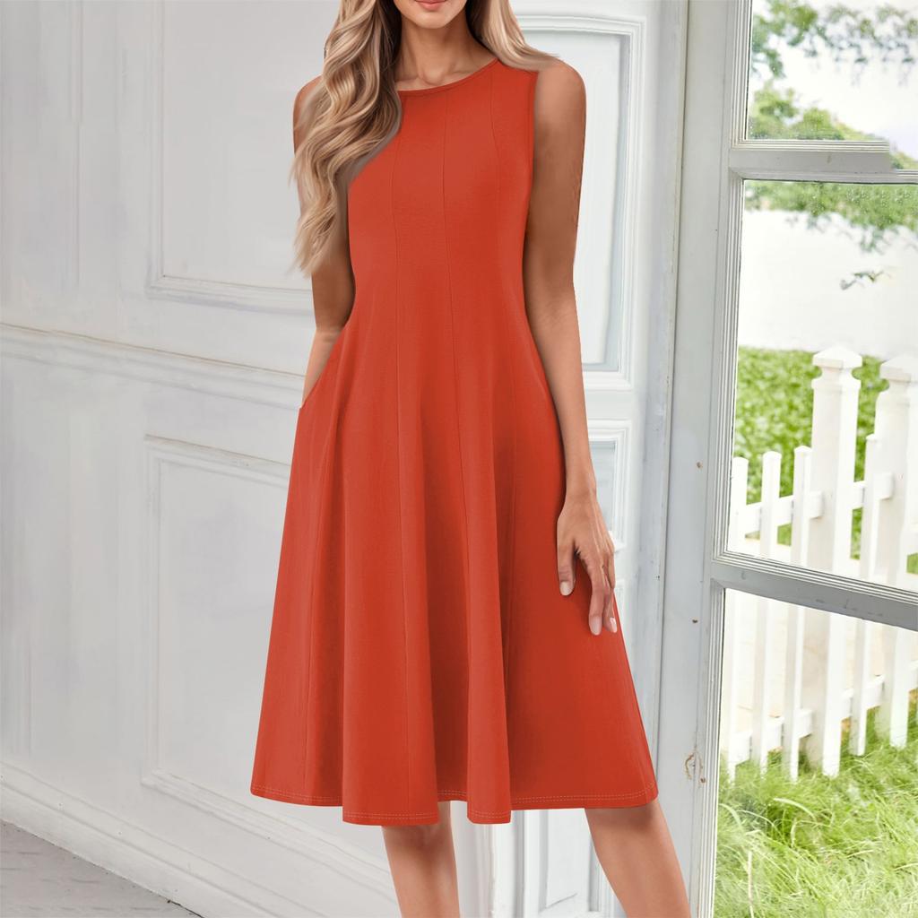 Women's Fashionable Round Neck Sleeveless Solid Color Casual Pullover Mid Length Dress