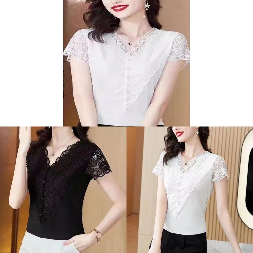 Summer Slim Fit T Shirt With Lace Paneling Polyester Fabric For Office Wear For Women