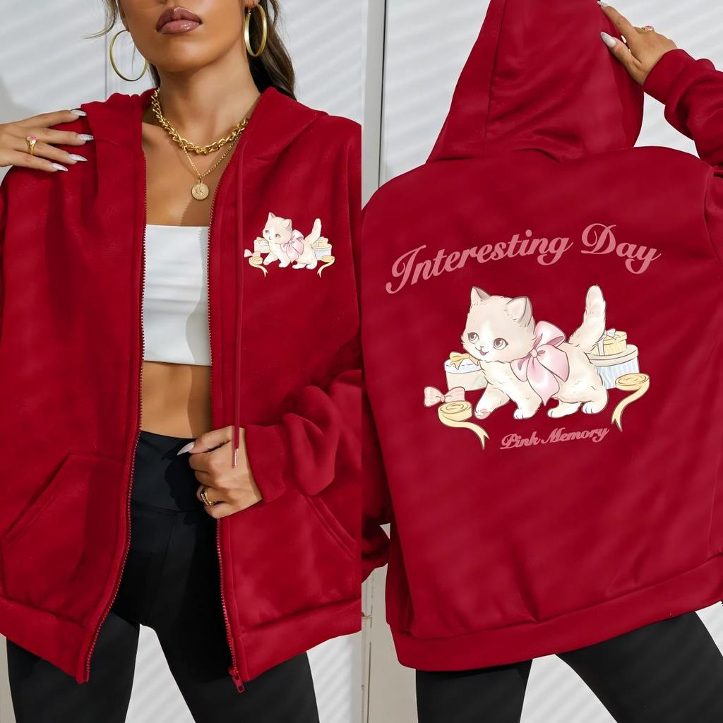 Elegant Little Cat Interesting Day Print Zipper Hoodies Woman Fashion Comfortable Hoodie Fleece Clothes Street Top