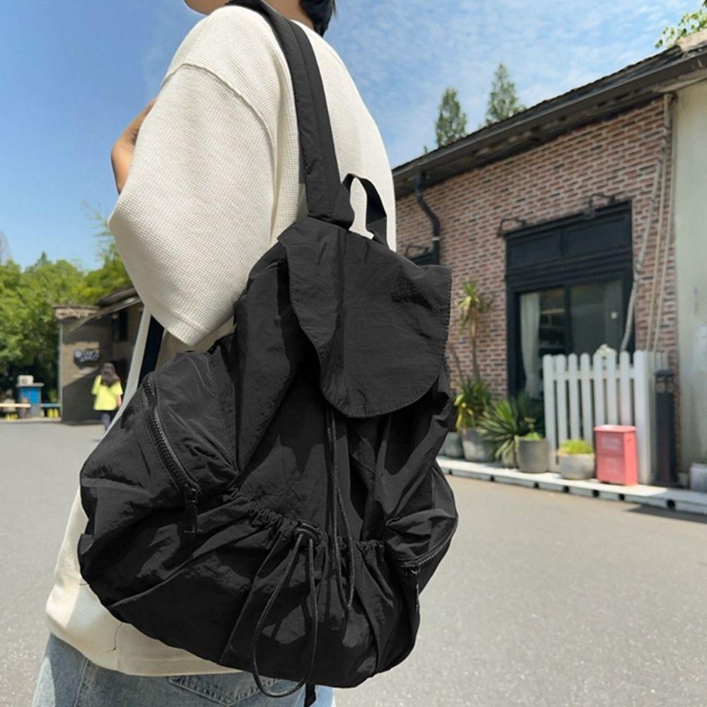 Casual Canvas Shoulder Bag Lightweight College Student Schoolbag Nylon Drawstring Backpack Daily