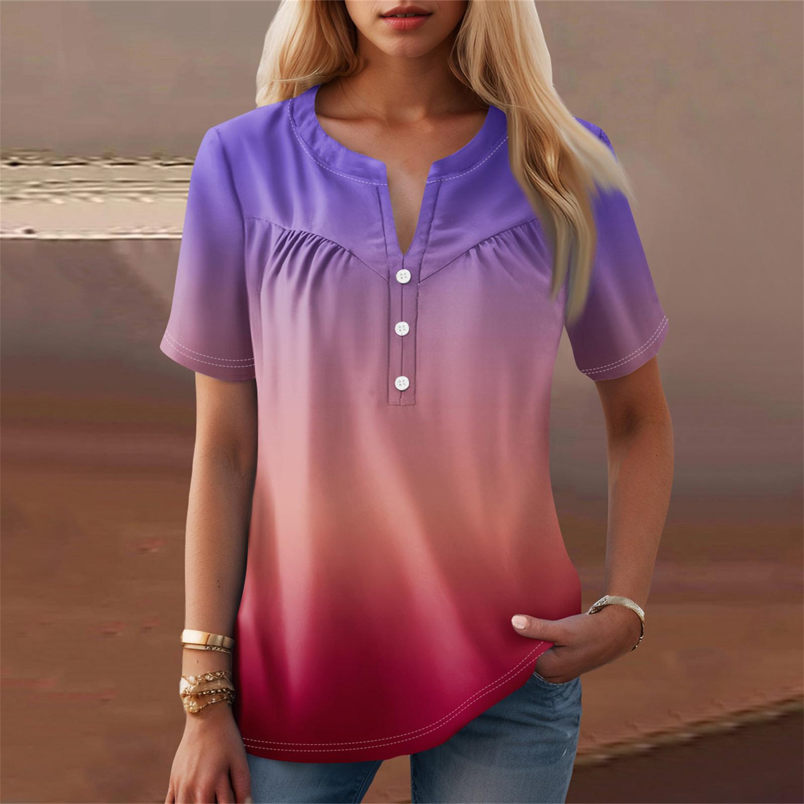 

Женская повседневная футболка с v-образным вырезом и коротким рукавом с цветочным принтом и декоративными пуговицами, топ M