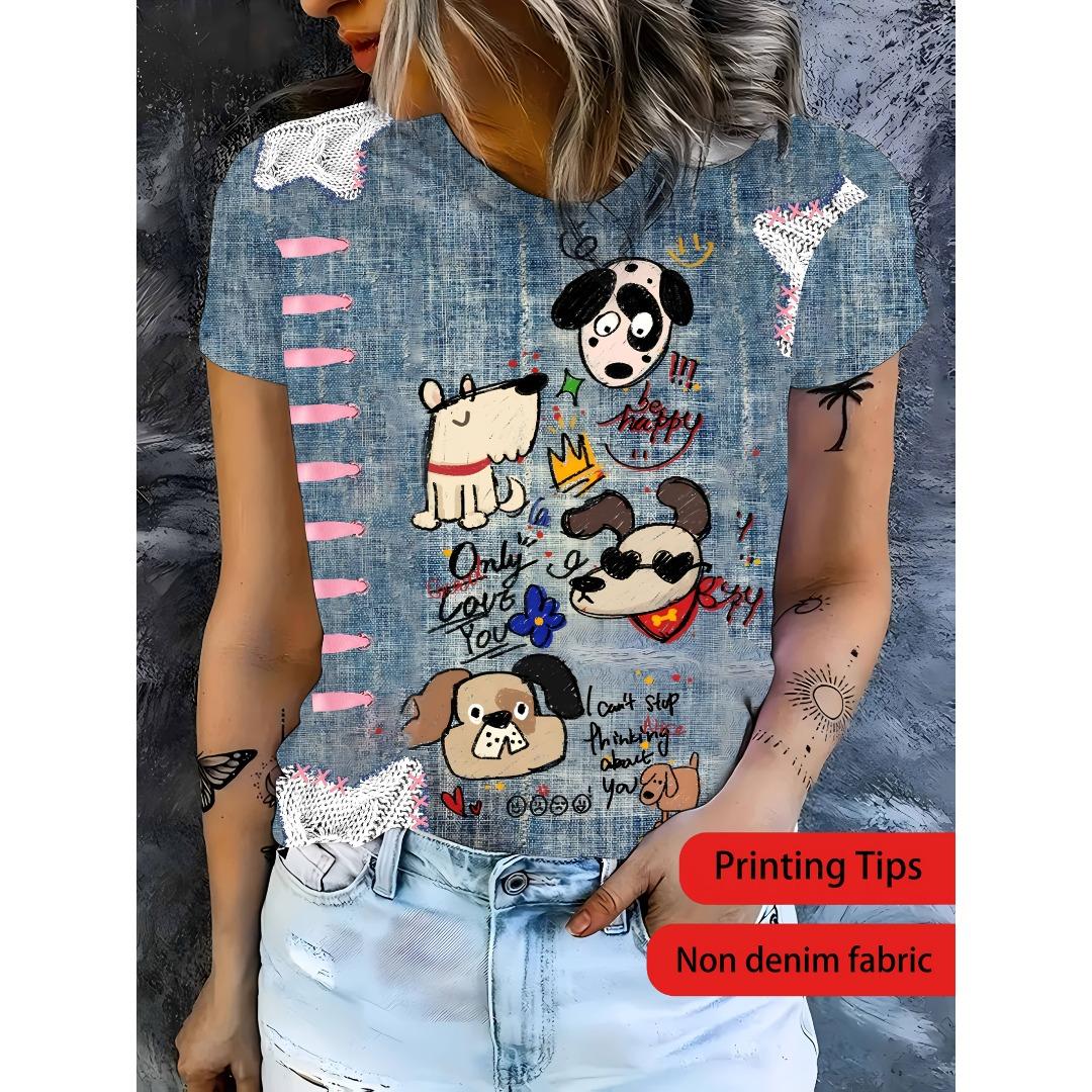 

Women s round neck short-sleeved T-shirt, imitation denim pattern, 3D printing technology, fashionable and novel women s clothing, unique design XL