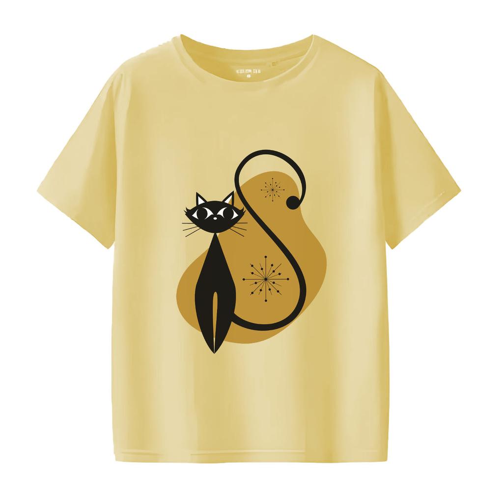 Fashionable Cat Print Pattern Tshirt Casual Short Sleeved Round Neck Top Versatile Womens Tshirt Suitable for All Seasons