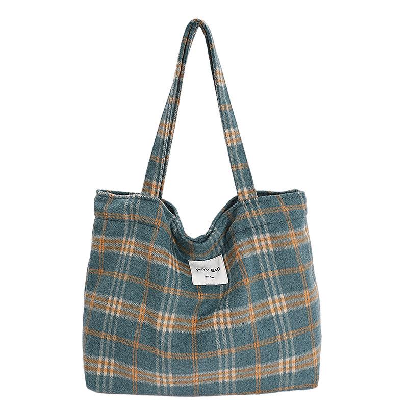Colored Plaid Women's Woolen Shoulder Bags Vintage Large Capacity Ladies Handle Canvas Tote College Style Girls Book Handbags