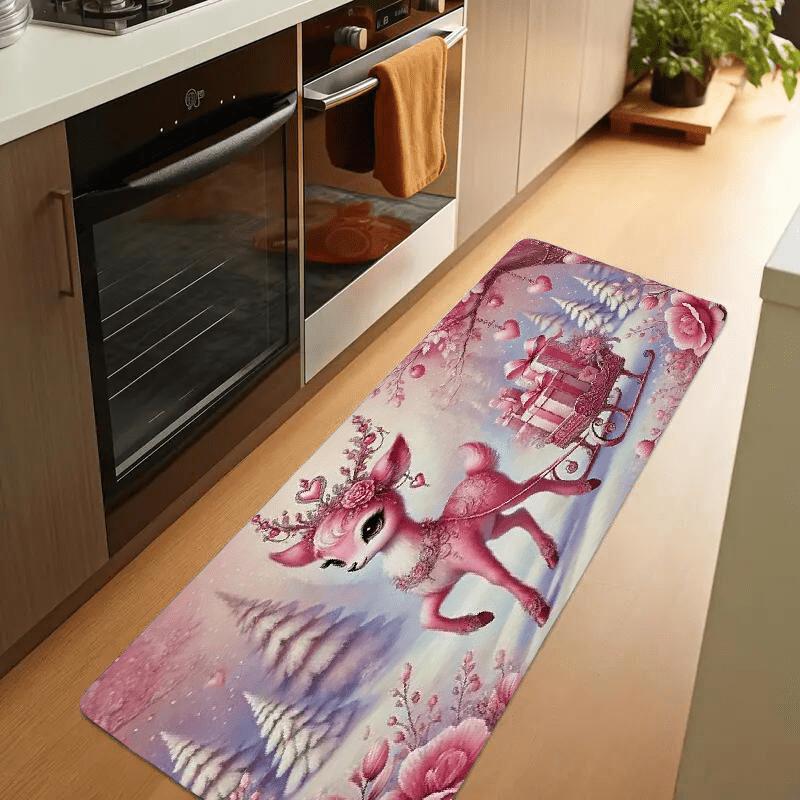 1Pcs Anti Fatigue Kitchen Rugs,Christmas Pink Deer  Print Waterproof Non-Slip Thick Cushioned Kitchen Mat Heavy Duty Comfort Standing Mat for Kitchen