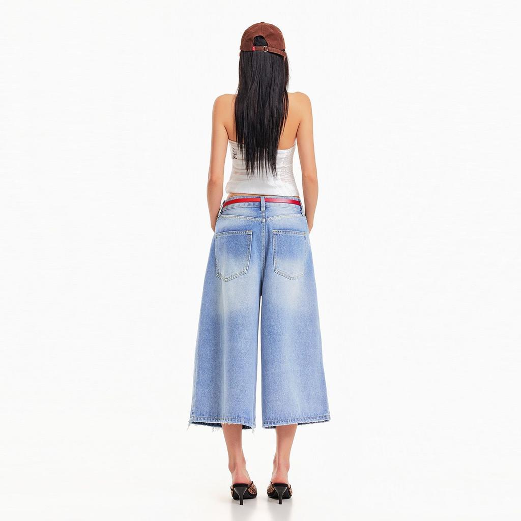 Pantaloni Capri in Denim Larghi Pieghettati Corti Estivi Vintage alla Moda per Donna Versatili Larghi Dritti Snellenti Casual Pantaloni Capri