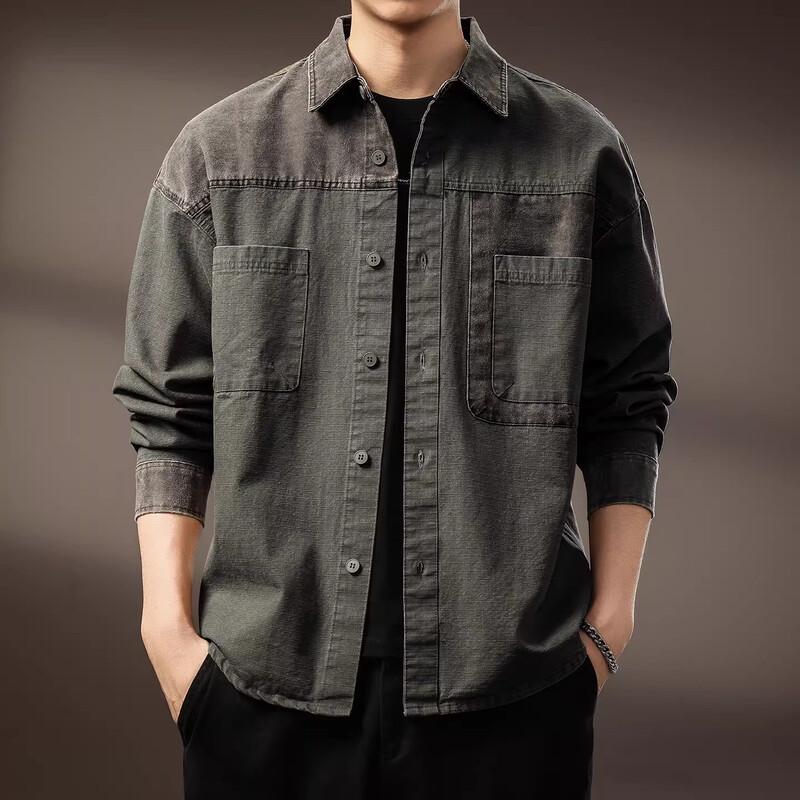 Men's American Retro Color Block Patchwork Loose Long Sleeve Shirt