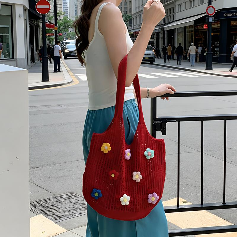 New Summer Hollow Out Knitted Single Shoulder Bag Women Chic Flowers Large Capacity Commuter Tote Bags Casual Underarm Bag