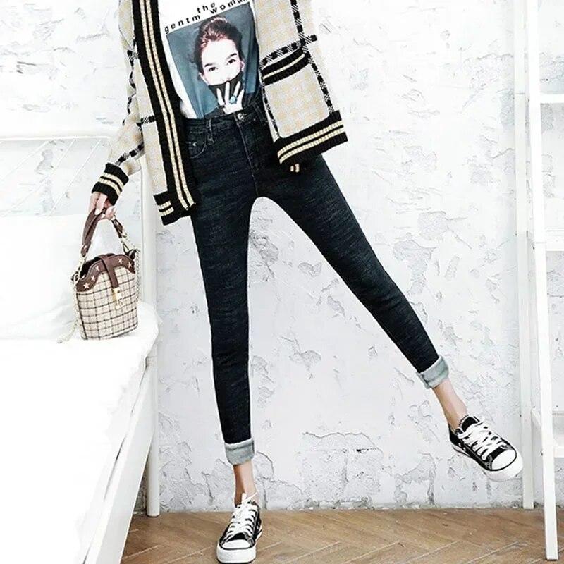 Kadınlar İçin Moda Kışlık Denim Kot Pantolon Kadife Kalınlaştırılmış Ofis Hanımı Yüksek Bel Dar Kesim Kalem Pantolon Günlük Düz Sıcak Pantolon 30097