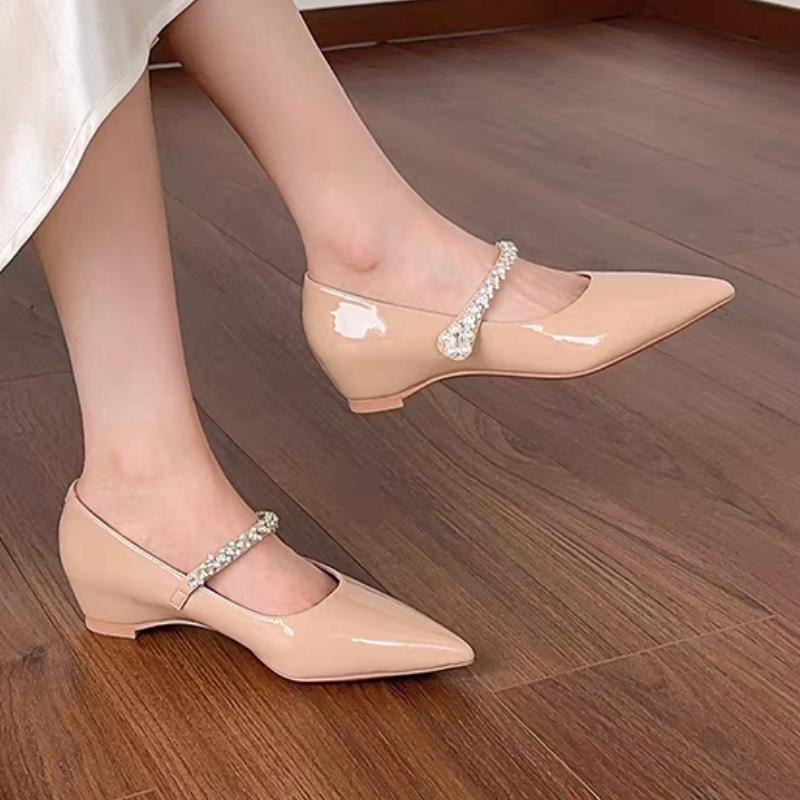 Fashion Fashionable and Elegant Inside Heightened Single Shoes Autumn New Pointed Toe  Rhinestone Soft Sole Wear-resistant Flats