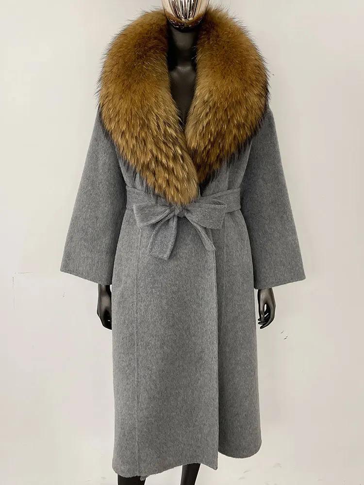 OFTBUY Kabát z pravé kožešiny 2024 Nadměrný dámský svrchní oděv Zimní dámská bunda s límcem z přírodní liščí kožešiny Kapuce Kašmírová vlněná směs Kabát